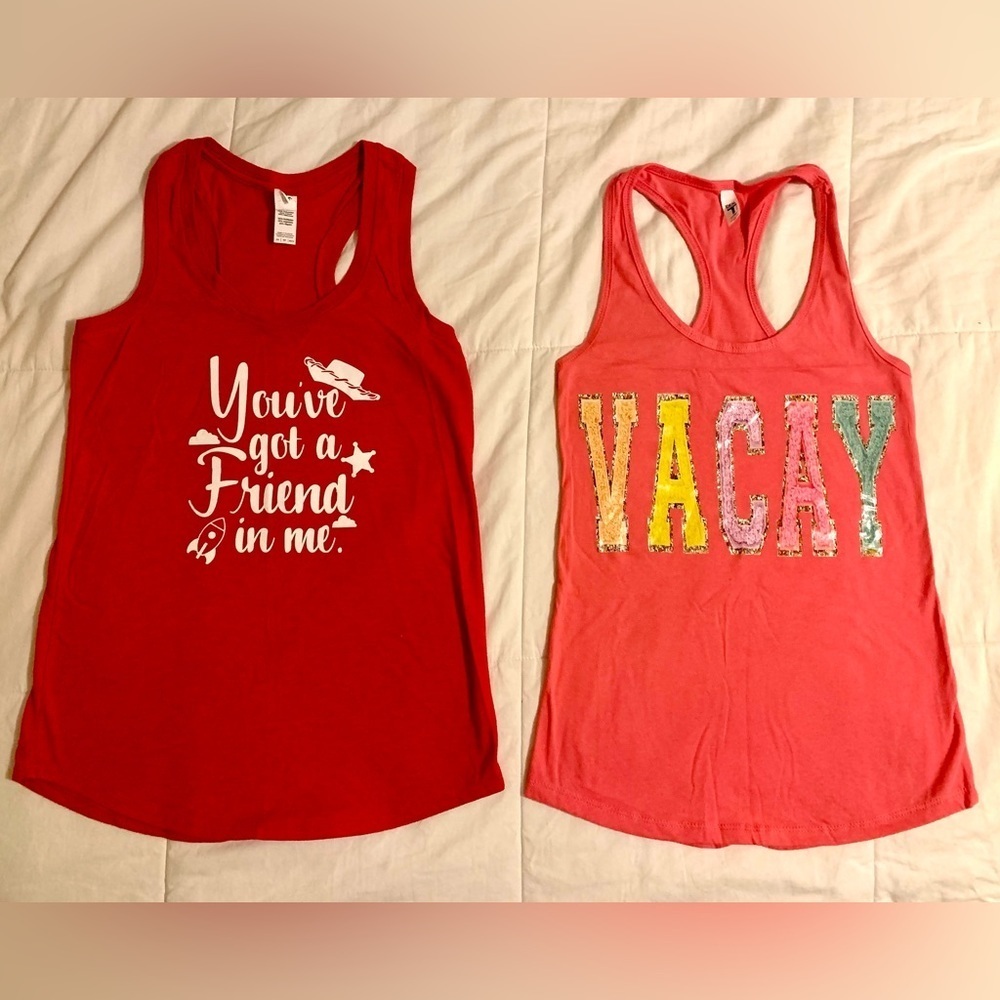 Lot of 2 women’s tank tops XS, 1 Vacay thin razor-back tank & Toy Story top